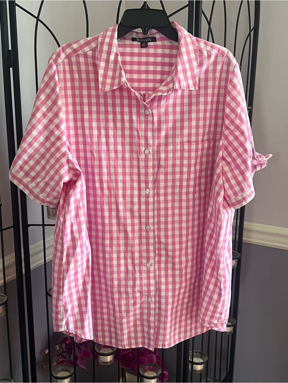 Roaman's Pink and White Gingham Button-Down Shirt